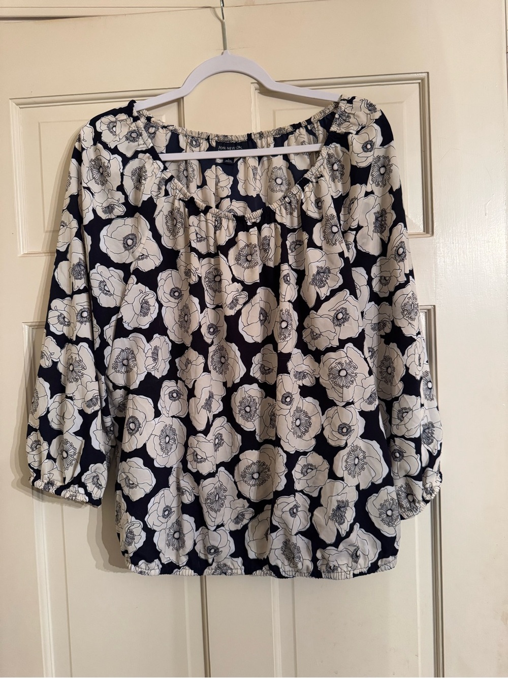 Jones New York Navy and Tan Floral Peasant Blouse